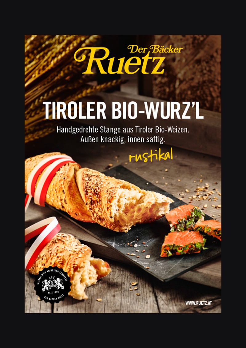 Plakat des Bäcker Ruetz im Rahmen des Rebrandings